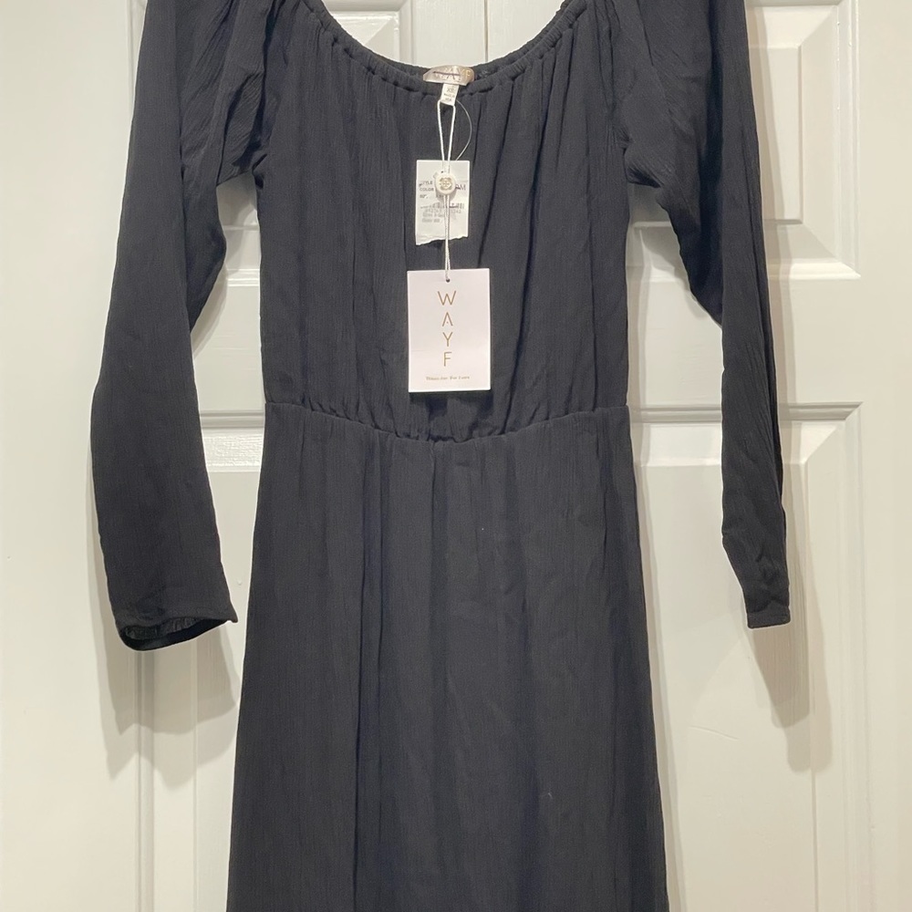 WAYF Dress Women’s XS Midi Off Shoulder Gauzy Pullover Black Side Slit NWT - Picture 8 of 10